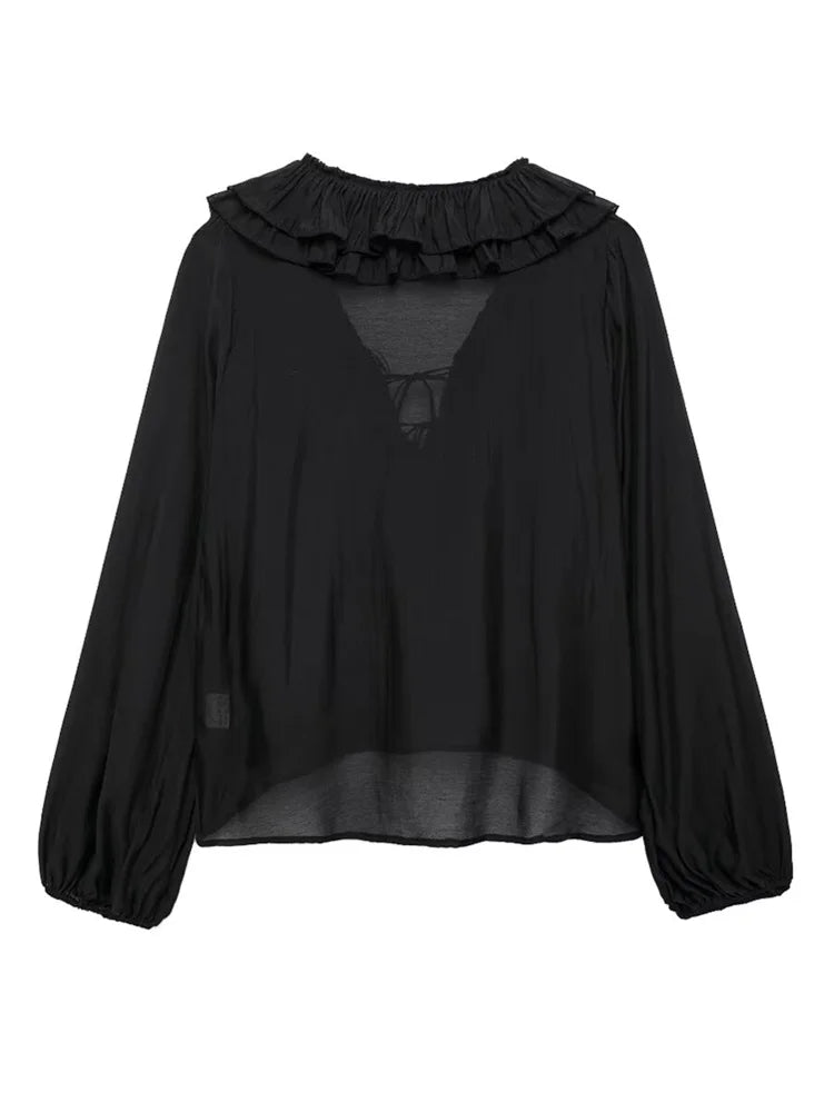 Women Fashion Long Sleeve V Neck Tierred Ruffles Loose Blouse Female Solid Color Casual Shirts Blusas Chic Tops LS6317