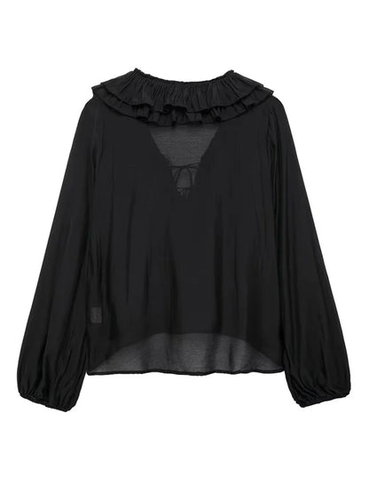 Women Fashion Long Sleeve V Neck Tierred Ruffles Loose Blouse Female Solid Color Casual Shirts Blusas Chic Tops LS6317