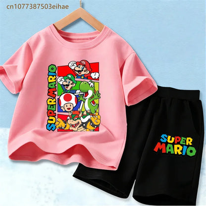 Lovely Mario Pattern Boys Girls Clothing Sets Soft Cotton Short Sleeve T Shirt + Casual Shorts 2PCS Summer Daily Wear Outfits