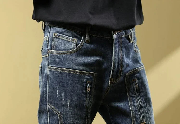 Man Cowboy Pants with Pockets Men's Jeans Motorcycle Tapered Trousers Straight Retro Trend 2025 Classic Stylish Goth Denim Buggy