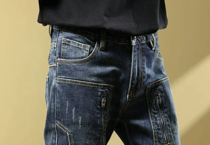 Man Cowboy Pants with Pockets Men's Jeans Motorcycle Tapered Trousers Straight Retro Trend 2025 Classic Stylish Goth Denim Buggy