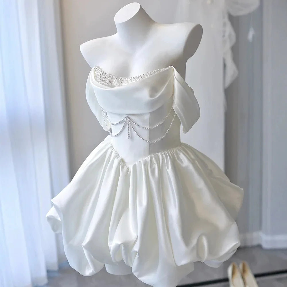 Mini Short Wedding Party Dresses Wedding Photoshoot Strapless Beaded Taffeta Bolero Bride Gowns Corset Back Customized
