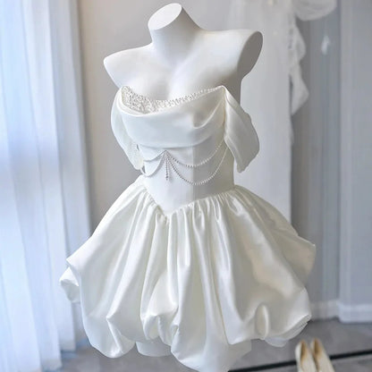 Mini Short Wedding Party Dresses Wedding Photoshoot Strapless Beaded Taffeta Bolero Bride Gowns Corset Back Customized