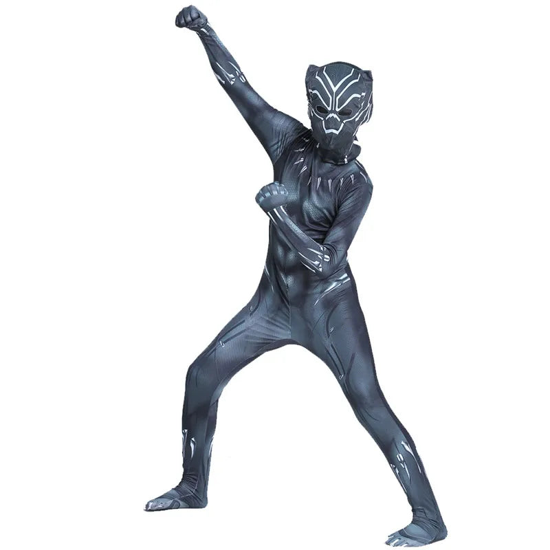 Kids Black Panther Jumpsuit with Halloween Mask Superhero Costume for Boys Girls Soft Breathable Fabric Party Dress Up Cosplay