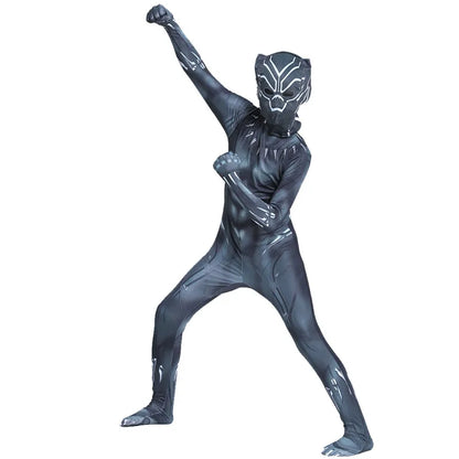 Kids Black Panther Jumpsuit with Halloween Mask Superhero Costume for Boys Girls Soft Breathable Fabric Party Dress Up Cosplay
