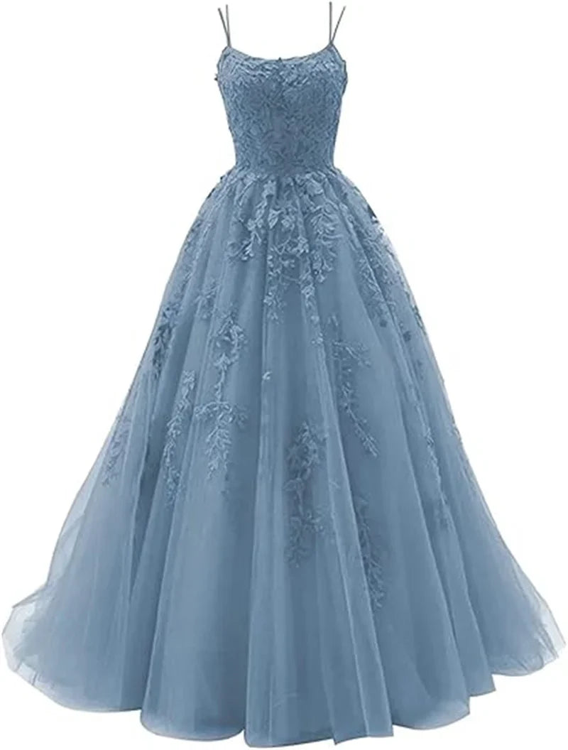 Tulle Spaghetti Straps Prom Dresses Long Lace Appliques Ball Gowns for Women