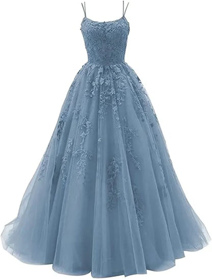 Tulle Spaghetti Straps Prom Dresses Long Lace Appliques Ball Gowns for Women