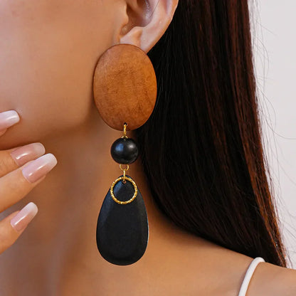 Vintage Wood Earring Dangle for Women Geometric Oval Water Drop Earrings European American Style Large Long Earrings Jewelry