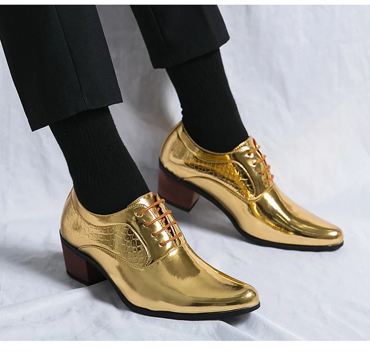 New 2025 Luxury Gold Men High Heel Leather Shoes Moccasins Designer Pointed Dress Shoes Men Wedding Formal Shoes Big Size 46