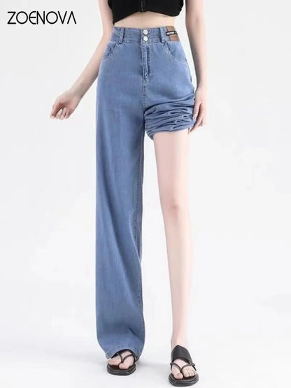 Calça Jeans Feminina Verão Fina 2025 Reta Perna Larga Mop Seda Gelo Folgada Lyocell Denim Cintura Alta Casual Feminina