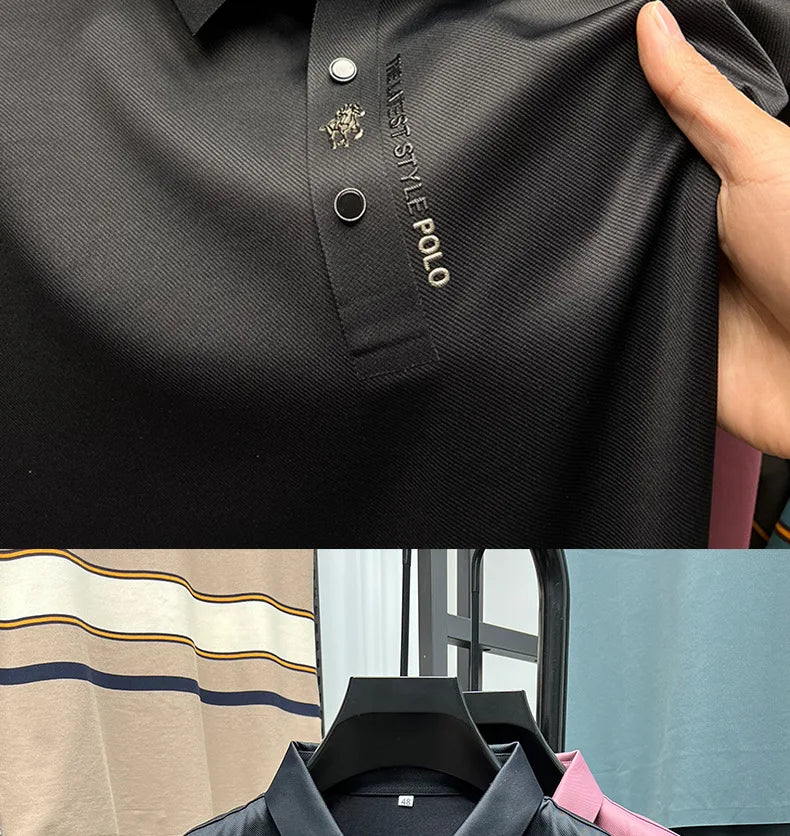High quality silk breathable short sleeve POLO shirt men's lapel top 2024 summer new light luxury brand printed casual T-shirt