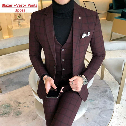 Blazer and Vest and Pants / Boutique Fashion Plaid Men's Casual Business Suit 3pcs Set Groom Wedding Dress Performance Costume