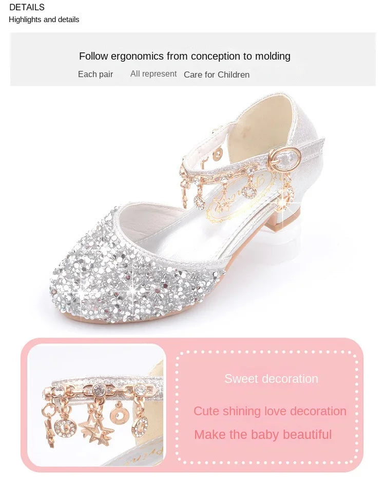 Fashion Kid Leather Shoe 2023 Summer Sequin Princess Shoe Crystal High Heel Sandals Kid Shoes Girl Dresses Mary Jane Girl Shoes