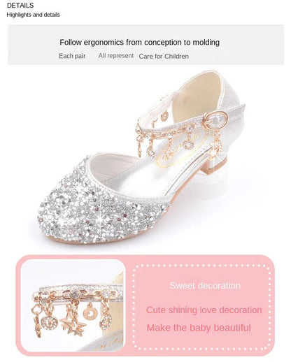 Fashion Kid Leather Shoe 2023 Summer Sequin Princess Shoe Crystal High Heel Sandals Kid Shoes Girl Dresses Mary Jane Girl Shoes