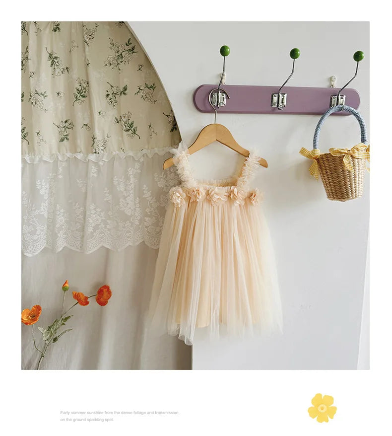 1-6 Y Girls Dresses  3D Flower A Line Dress for Girls Sleeveless Camisole Mesh Dress