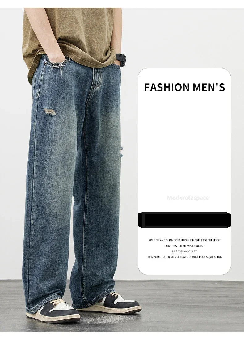 Korea Baggy Cargo Jeans Men Vintage Straight Ripped Y2k Pants Fashion Frayed High Street Distressed Denim Trousers Male Clothes
