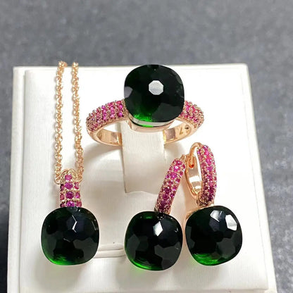 Conjunto de Joias Femininas 3 Peças - Anel, Brincos e Colar Banhados a Ouro Rosé com Zircônia Roxa Incrustada