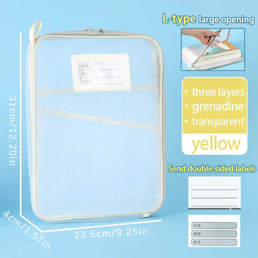 1 Pcs A4 Transparent File Subject Classification Thickened 5 Colors Mesh Simple Hand Storage Bag