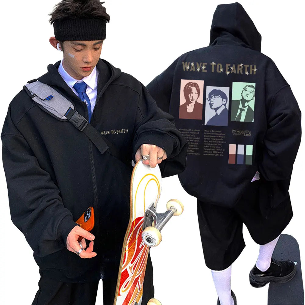 Korean Band Wave To Earth Print Zipper Hoodie Men's Casual Oversized Zip Up Jacket Men Women Hip Hop Fashion Y2k Zip Up Hoodies