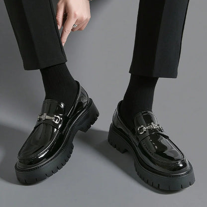 Europe Fashion Thick Sole Men's Penny Loafers Slip-On Business Dress Shoes Gentleman Glossy Buckle Formal Party Black Shoes