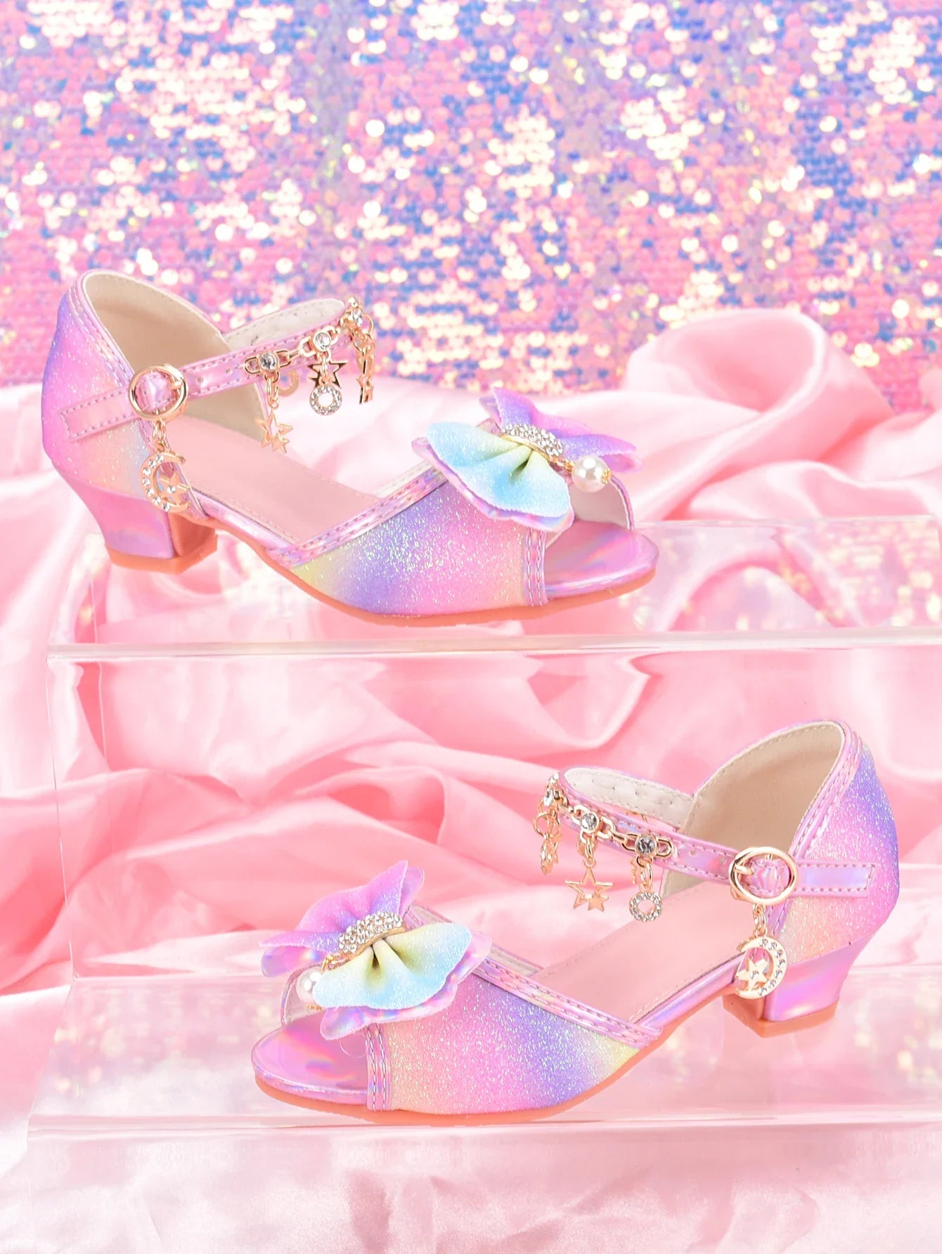 Girls' Fashion Rainbow Glitter High Heel Shoes, Children Dress Up Pageant Runway Performance Party Sandals