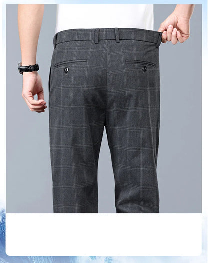 Summer Thin Plaid Formal Stretch Pants Men Slim Business Grey Black Casual Pant Fashion Male Clothing England Trousers