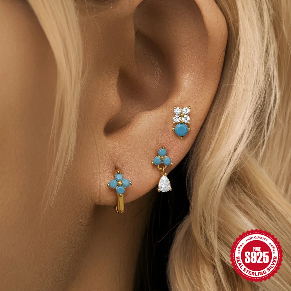 CANNER Set Double Layer Smooth Classic Hoop Earrings For Women 925 Sterling Silver Ins Flower Color Zircon Earrings Fine Jewelry