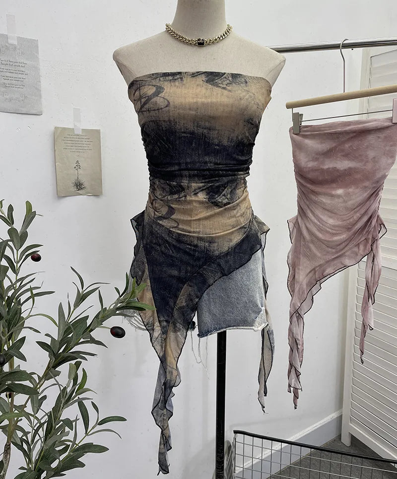 Tie Dye Summer Tops for Women Y2K Strapless Sleeveless Asymmetrical Ruffle Fishtail Ruched Stretch Mesh Vintage Clothes
