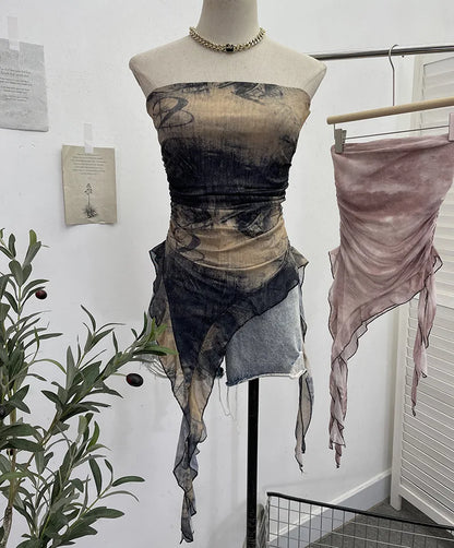 Tie Dye Summer Tops for Women Y2K Strapless Sleeveless Asymmetrical Ruffle Fishtail Ruched Stretch Mesh Vintage Clothes