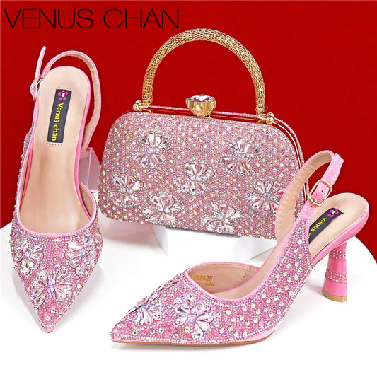 Nigerian Heel Party for Women Pink Color Shoes and Bag Set Rhinestone Handbag Italian Design Wedding INS 2025