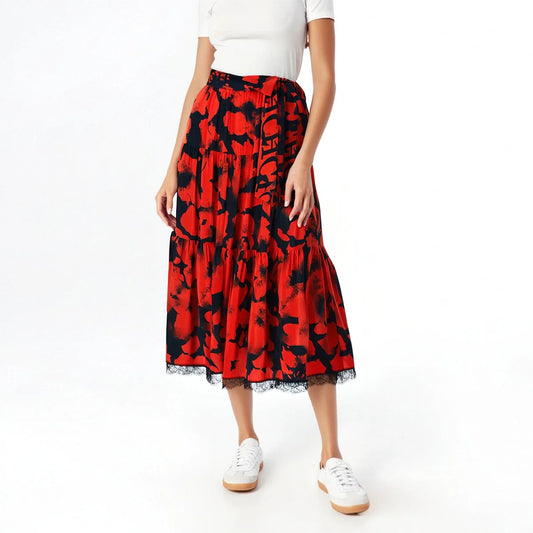 Women's Half length Skirt Summer Retro Red Printed Irregular Long Skirt Fashion Commuter Cake Skirt