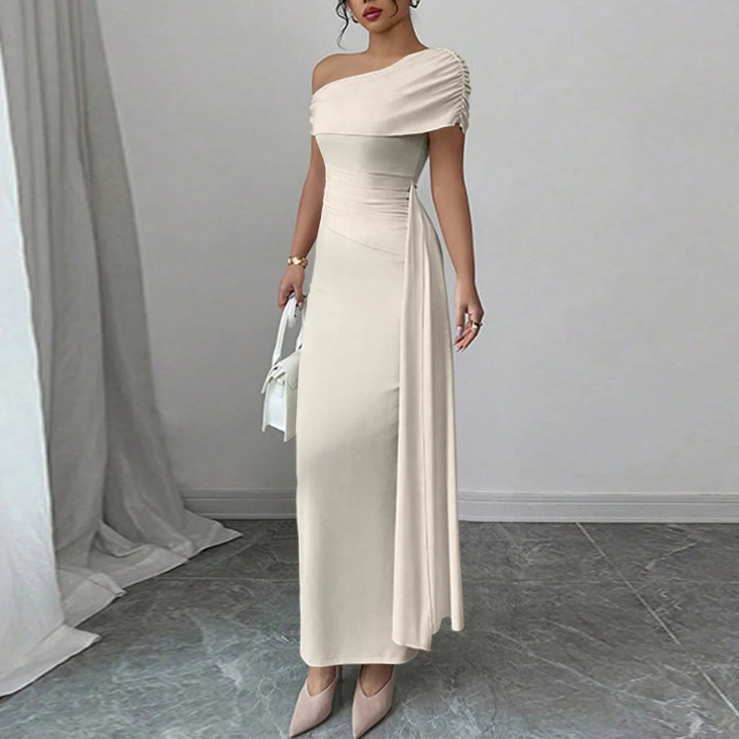 Vestidos Longos de Festa Sensuais para Mulheres, Vestido de Cor Sólida sem Mangas com Decote Diagonal, Vestido Maxi Plissado Justo, Vestido Bodycon Moderno