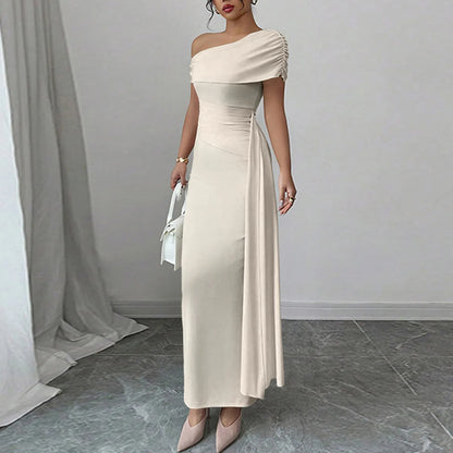 Vestidos Longos de Festa Sensuais para Mulheres, Vestido de Cor Sólida sem Mangas com Decote Diagonal, Vestido Maxi Plissado Justo, Vestido Bodycon Moderno