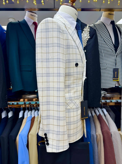 Classic Handsome Plaid Suit Set 2 Pieces For Men Business Outfit Double Breasted Men's Slim Fit Suits Wedding Groom Sets