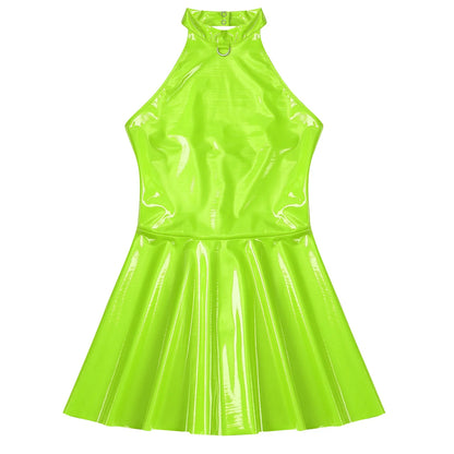 Glossy Patent Leather Glossy Mini A-Line Latex Dress for Womens Swing Skirt Skater Bodycon Mini Dress Rave Disco Party Clubwear