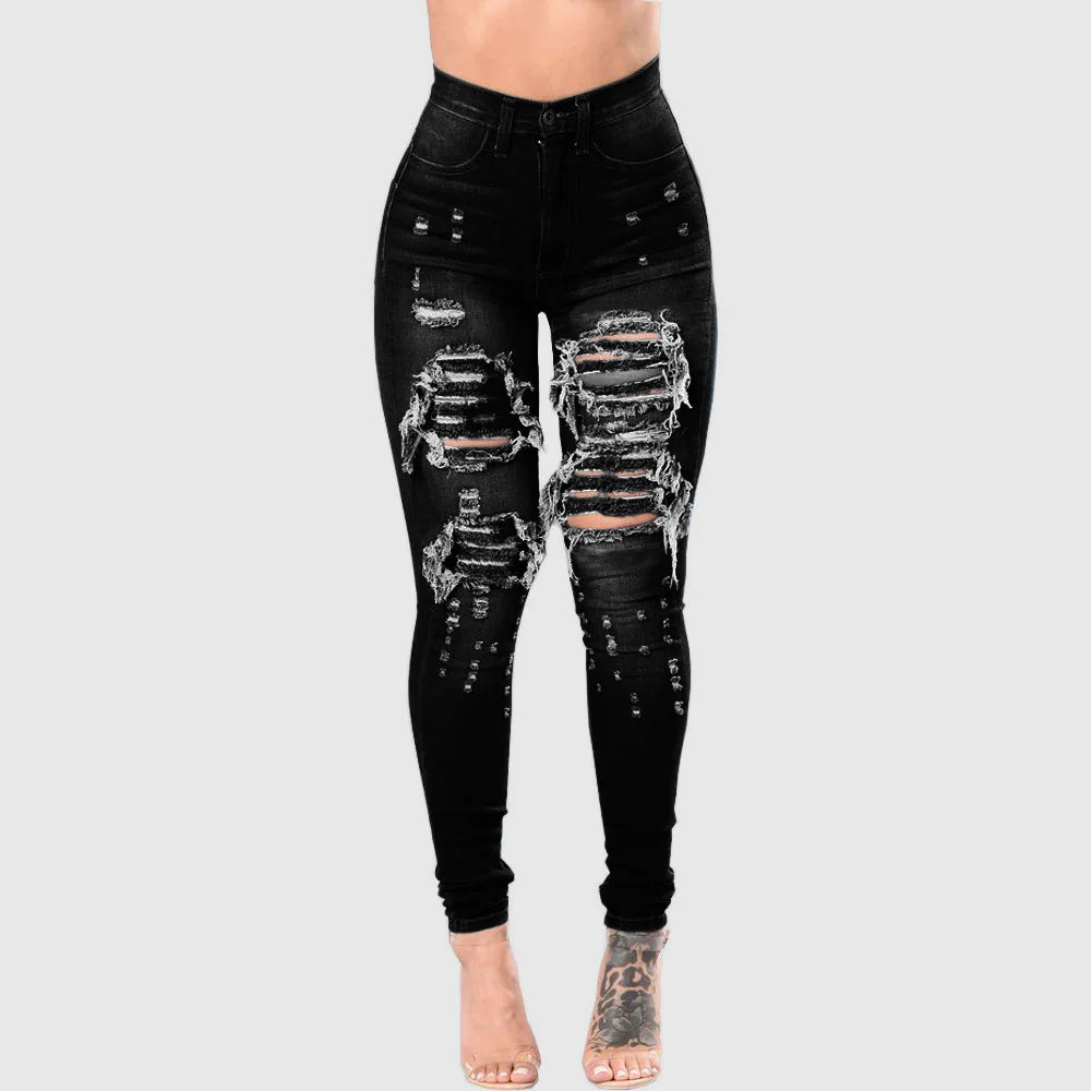Calça Jeans Feminina Outono Cintura Alta Rasgada Skinny