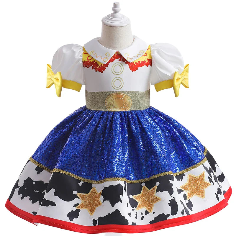 Vestido de menina Jessie, meninas Buzz Lightyear, vestido de desenho animado de vaca, roupas de Halloween, festa Toy Story, vestidos de cosplay, fantasia infantil