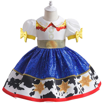 Vestido de menina Jessie, meninas Buzz Lightyear, vestido de desenho animado de vaca, roupas de Halloween, festa Toy Story, vestidos de cosplay, fantasia infantil