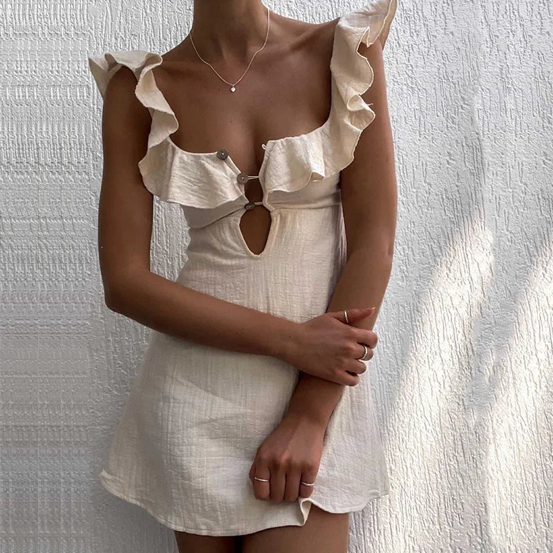 Hollow Out Button Ruffles Short Dress Sexy V Neck Sleeveless Solid Color Dress New Holiday Beach Cotton Linen Mini Dress