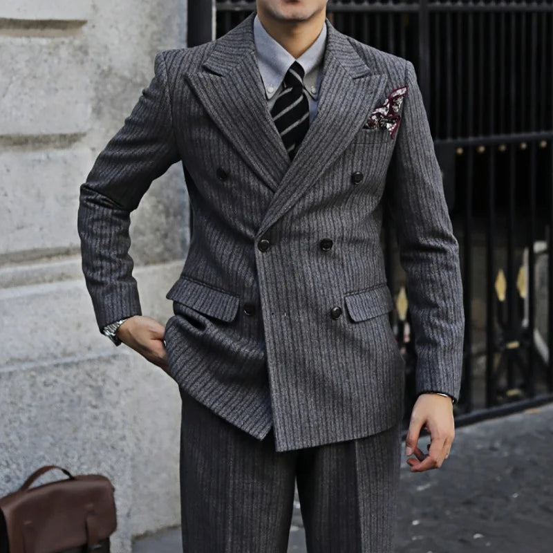 New Thick Style Stripes Herringbone Pattern Men's 2-Piece Suit Double-Breasted Slim Fit Jacket Trousers Vintage Braze Suit
