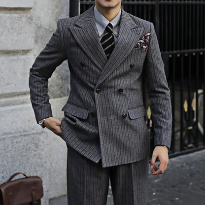 New Thick Style Stripes Herringbone Pattern Men's 2-Piece Suit Double-Breasted Slim Fit Jacket Trousers Vintage Braze Suit