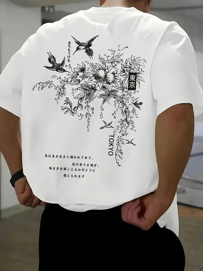 Men's Summer 100% Cotton Casual Fashion Japanese Style Pattern Printed Loose Breathable Round Neck Short Sleeve T-shirt
