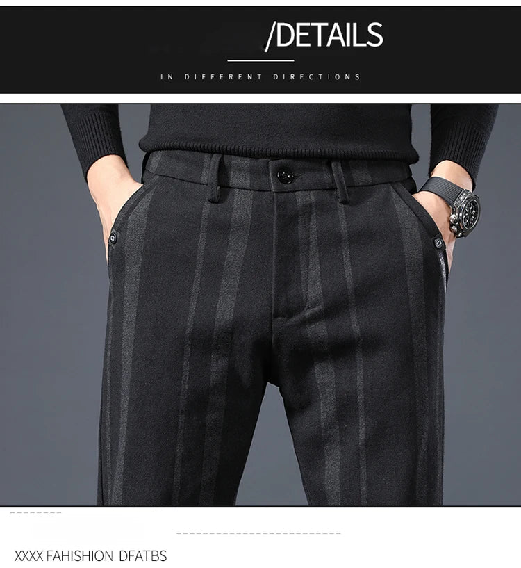 Autumn New Men's Slim Casual Pants  Fashionable Fit Elastic Business Pants High Quality Stripe Classic 3-colors Male Trousers