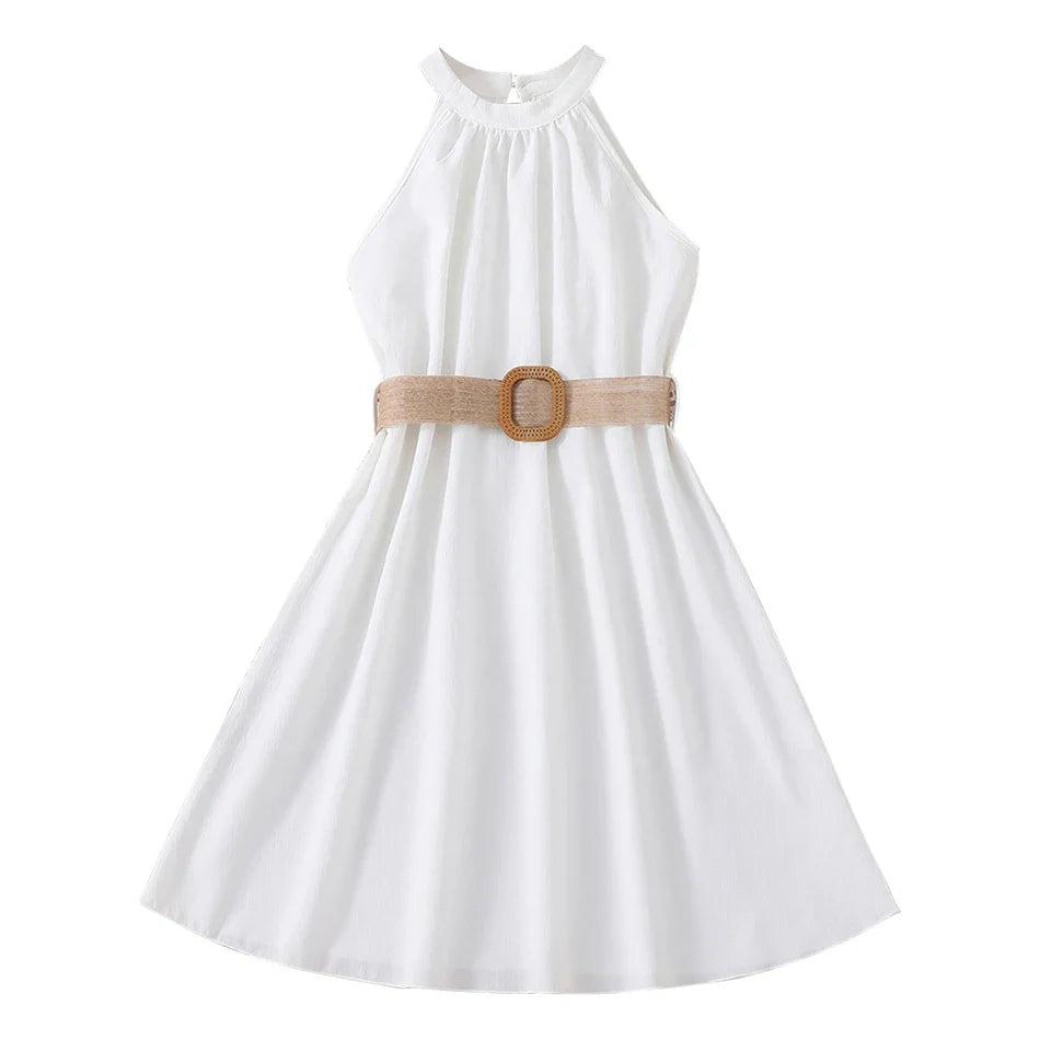 Elegant Summer Princess Dress for Teen Girls with Halter Neck and Off-Shoulder Children Sleeveless Casual Clothes with Belt