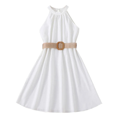 Elegant Summer Princess Dress for Teen Girls with Halter Neck and Off-Shoulder Children Sleeveless Casual Clothes with Belt
