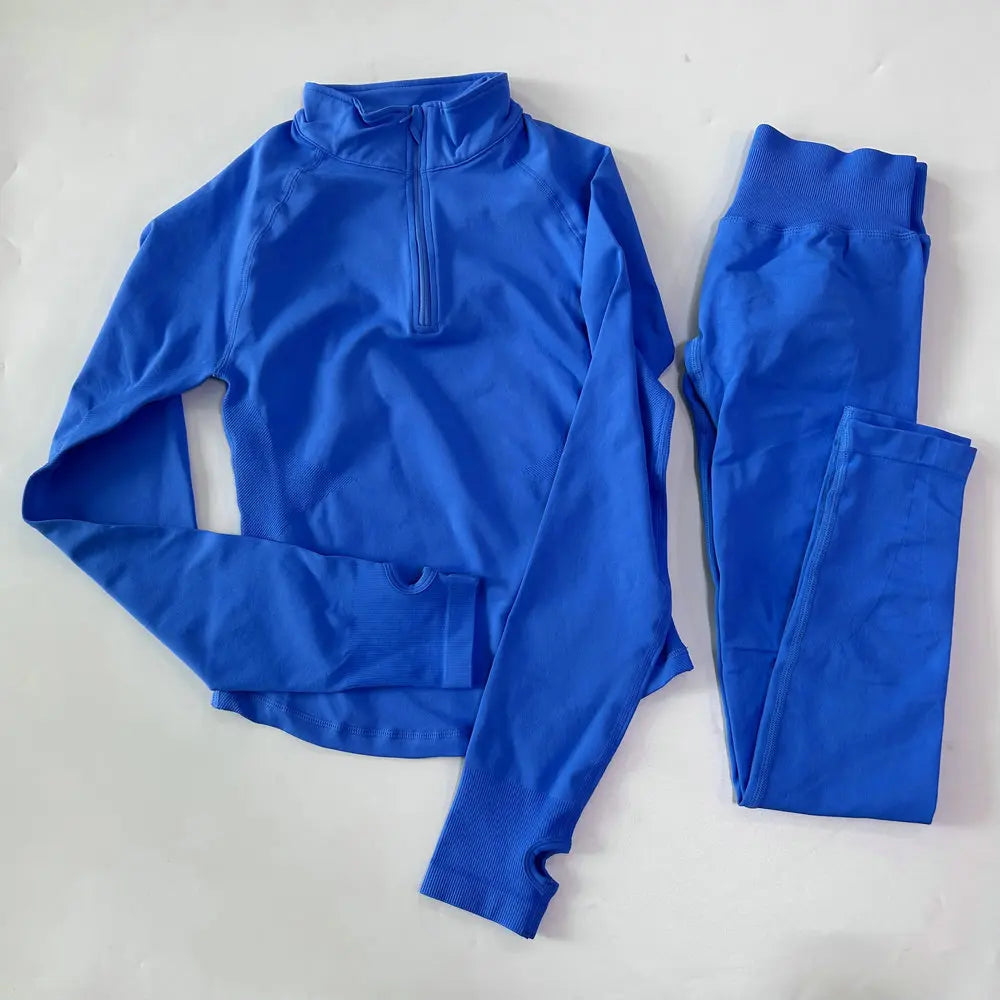 Women 2pcs Yoga Sets Long Sleeve Jacket Sport Top With Half Zip High Waisted Leggings Fitness Suits Seamless Running Workout Set