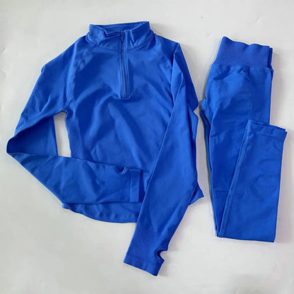 Women 2pcs Yoga Sets Long Sleeve Jacket Sport Top With Half Zip High Waisted Leggings Fitness Suits Seamless Running Workout Set