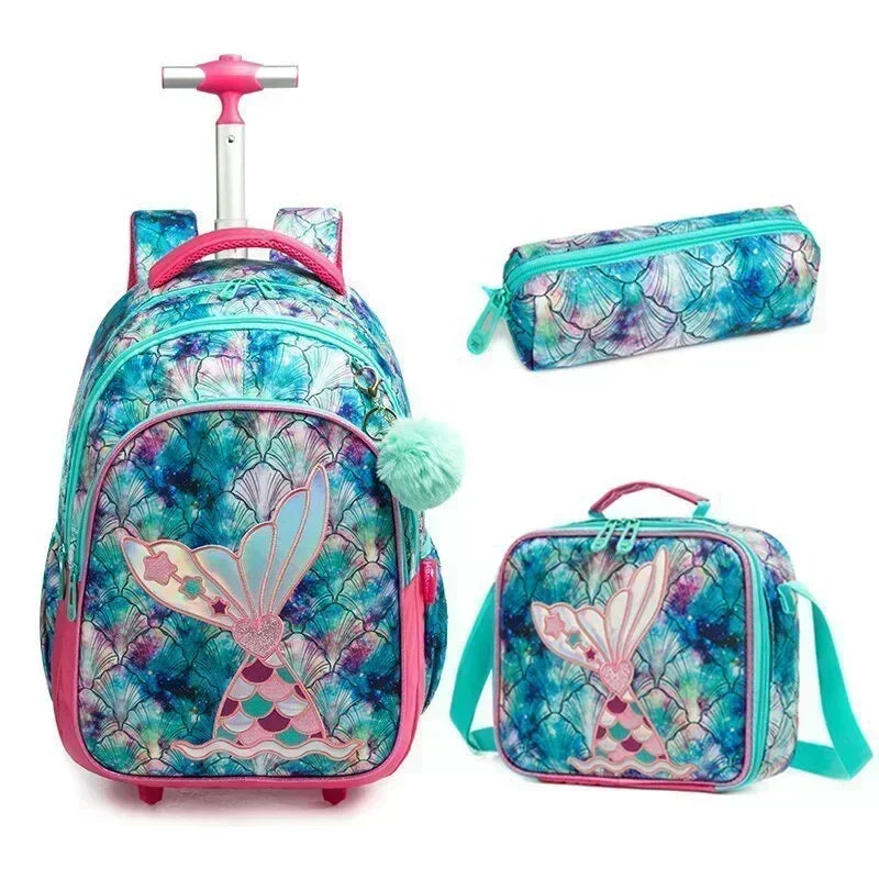 Children's Wheeled Backpack Bag Set with Lunch Box School Rolling Backpack Bag with Wheels School Trolley Backpack Bag for Girls