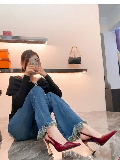 Women's Pumps Sexy Pointe High Heels Sandals Fashion Patent Leather High Heels Elegant Temperament High Heeled Sandals for Women