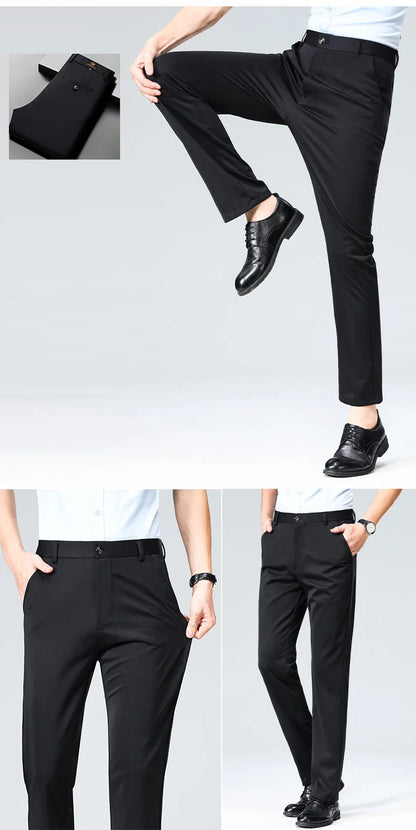 Men's Black Slim Fit Formal Pants Business Straight Leg Trousers Solid Color Office Work Dress Pants Single Piece